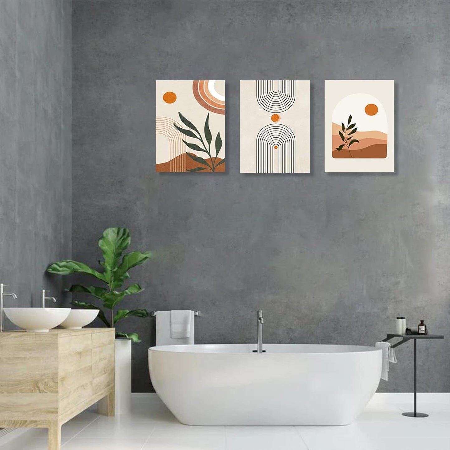 Sage Green Boho Wall Art Set of 3, Minimalist Framed Wall Art Geometric Line Leaf Sun Moon Beige Green Canvas Artwork Paintings, Abstract Botanical Boho Room Decor, Office, 12"x16"