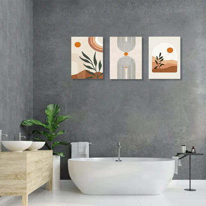 Sage Green Boho Wall Art Set of 3, Minimalist Framed Wall Art Geometric Line Leaf Sun Moon Beige Green Canvas Artwork Paintings, Abstract Botanical Boho Room Decor, Office, 12"x16"