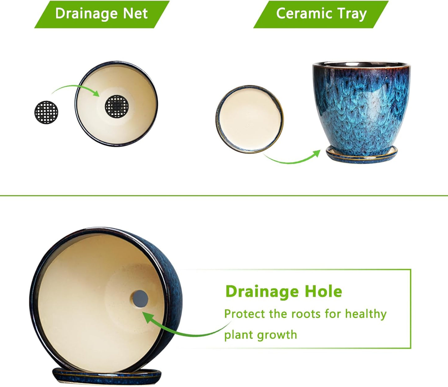 10 Inch Ceramic Planter Pot Round Plant Pot for Indoor Plants Outdoor Large Flower Pot with Drainage Hole and Saucer Blue