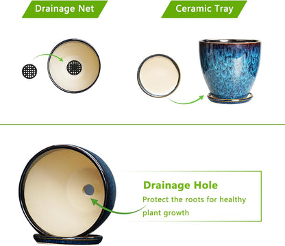 10 Inch Ceramic Planter Pot Round Plant Pot for Indoor Plants Outdoor Large Flower Pot with Drainage Hole and Saucer Blue