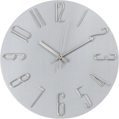 Wall Clock 12 Inch Silent Non-Ticking Imitation Wood Indoor Clock Round White Decor Clock Modern 3D Figures Quartz Wall Clocks for Home, Hotel, Office, School, Bedroom, Living Room, Kitchen
