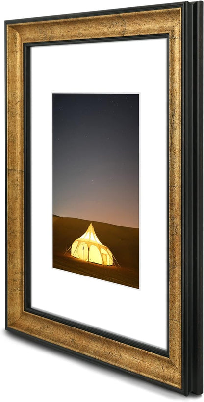 Golden State Art, 11x14 Photo Frame with Mat for Pictures 8x10 and Real Glass (Dark Gold Brown & Bronze Pewter Panel with White Color Mat, 1.25 Inch Frame Border)