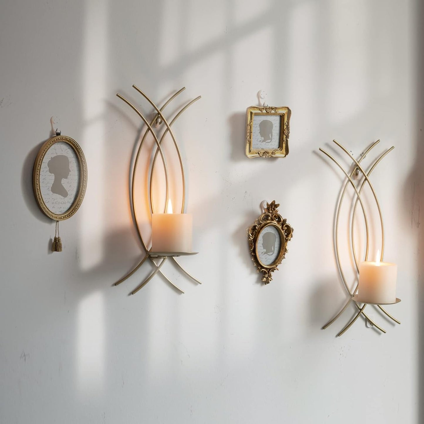 Gold Wall Sconce Set of 2, Metal Candle Holder, Modern Hanging Decoration for Living Room, Farmhouse,Wall Mounted Candelabra with Minimalist Lines,Gothic Antique Decor