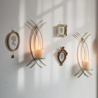 Gold Wall Sconce Set of 2, Metal Candle Holder, Modern Hanging Decoration for Living Room, Farmhouse,Wall Mounted Candelabra with Minimalist Lines,Gothic Antique Decor
