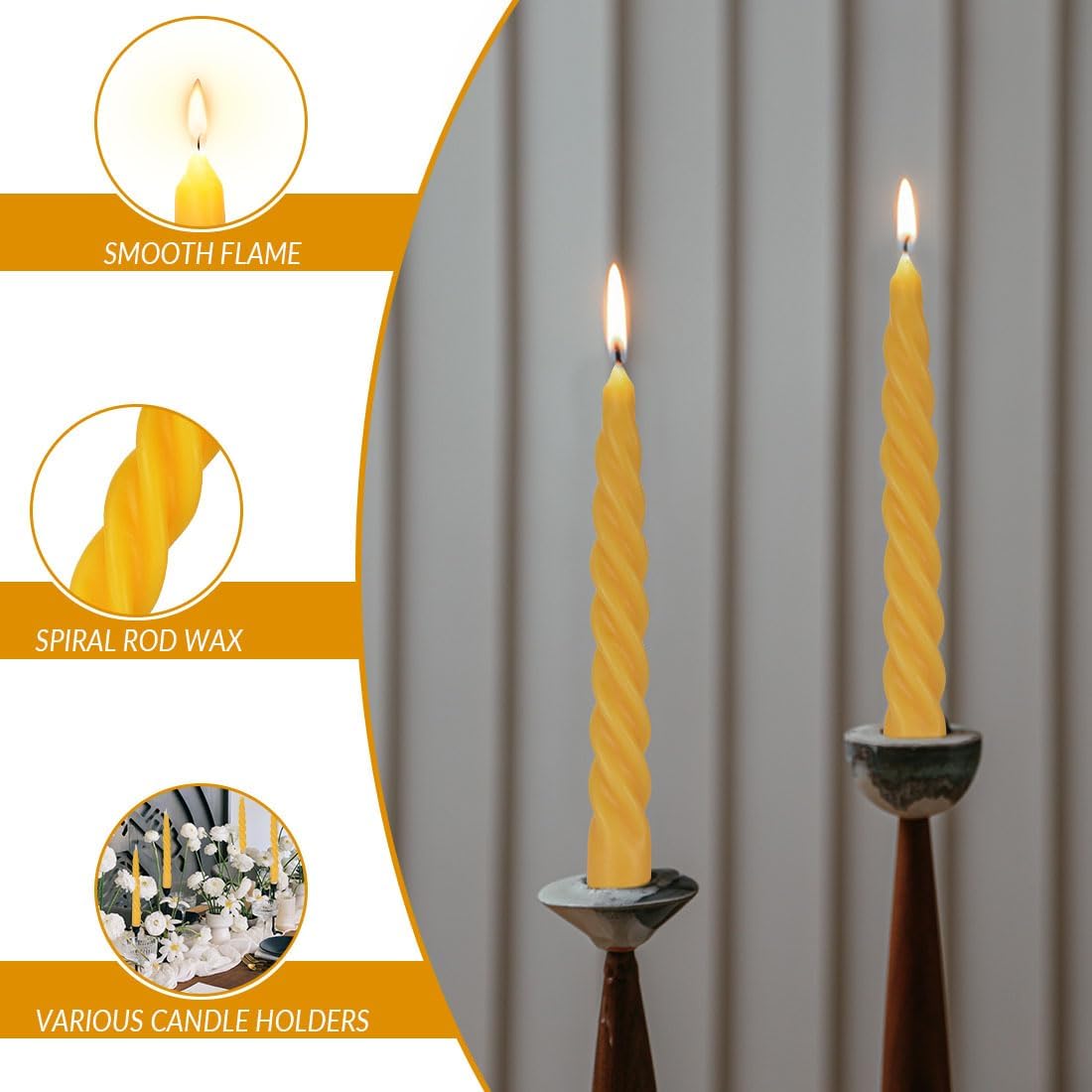 Beeswax Taper Candles Set of 4,Spiral Taper Candle Dripless Short Candle Sticks for Dinner Wedding Party Christmas Home Decorations - 7 inch in Height- Off White