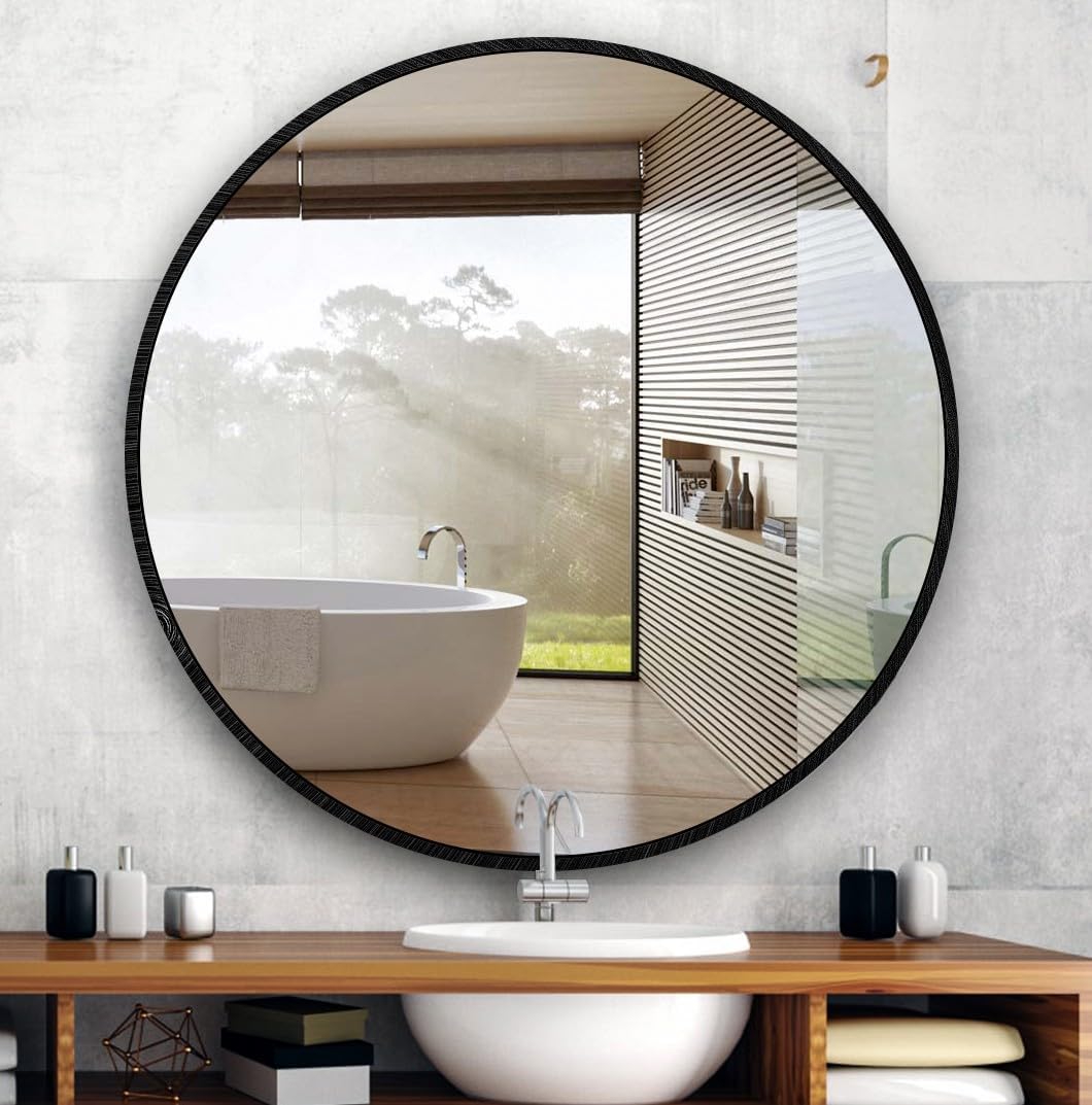 Itrue 12 Inch Small Round Decorative Wall Mirror, HD Silver-Coated Glass with Brushed Black Metal Frame, Minimalist Modern Accent Mirror for Vanity, Narrow Walls, Bathroom, Bedroom & Entryway