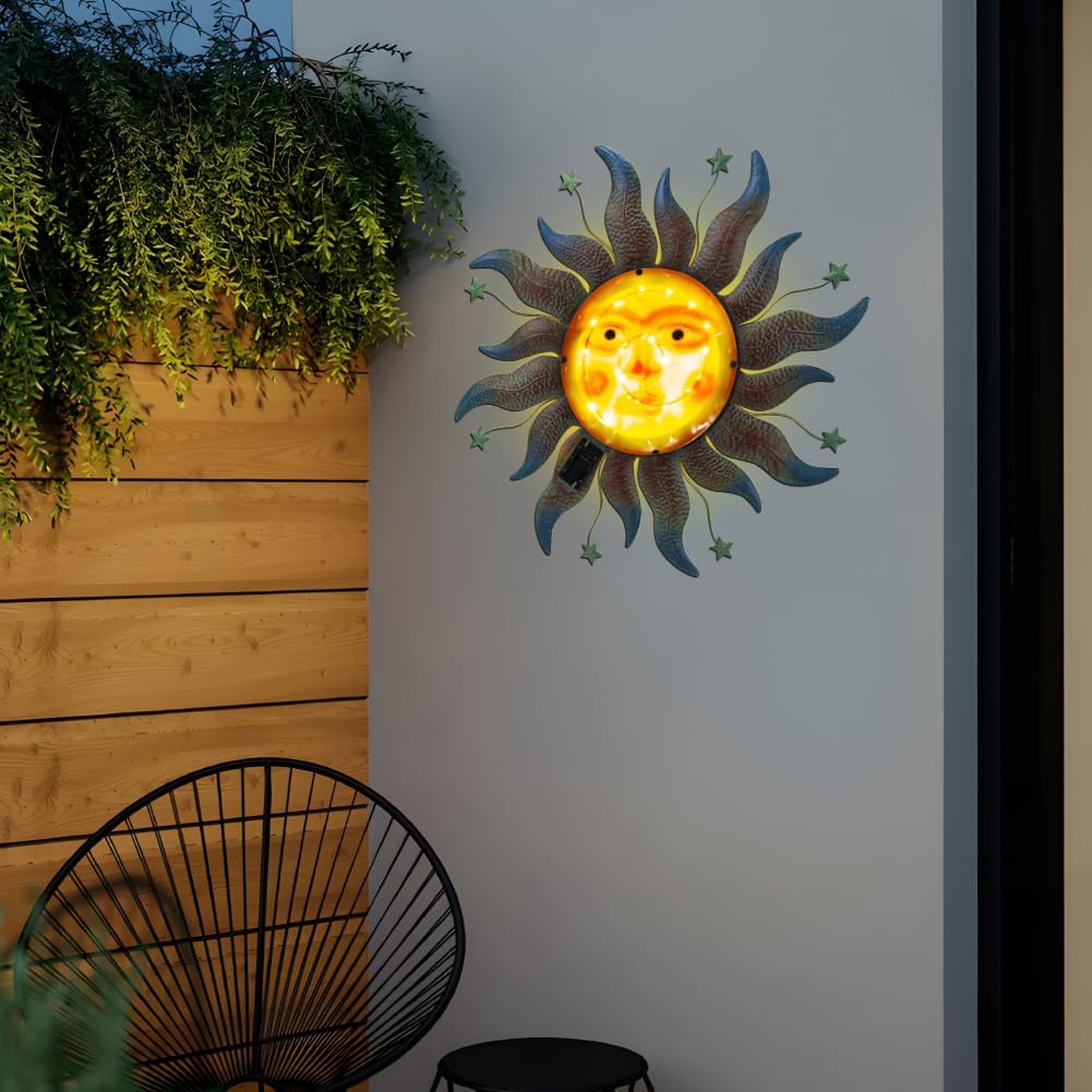 Large Metal Sun Wall Decor Outdoor, 27 Inch Sun and Moon Decor Metal Wall Art, 3D Sun Wall Decor for Patio Garden Yard Fence Bedroom Living Room Decoration