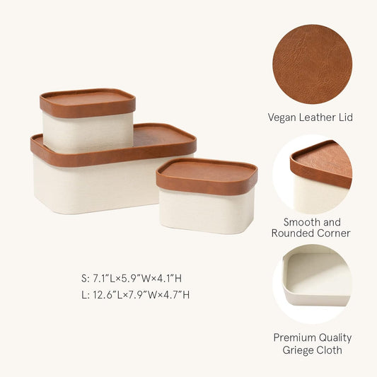 LA JOLIE MUSE Fluted Cardboard Storage Baskets with Leather-Like Lids, Sturdy Stackable Paper Boxes Decorative Tray, Chocolate Brown, Set of 3