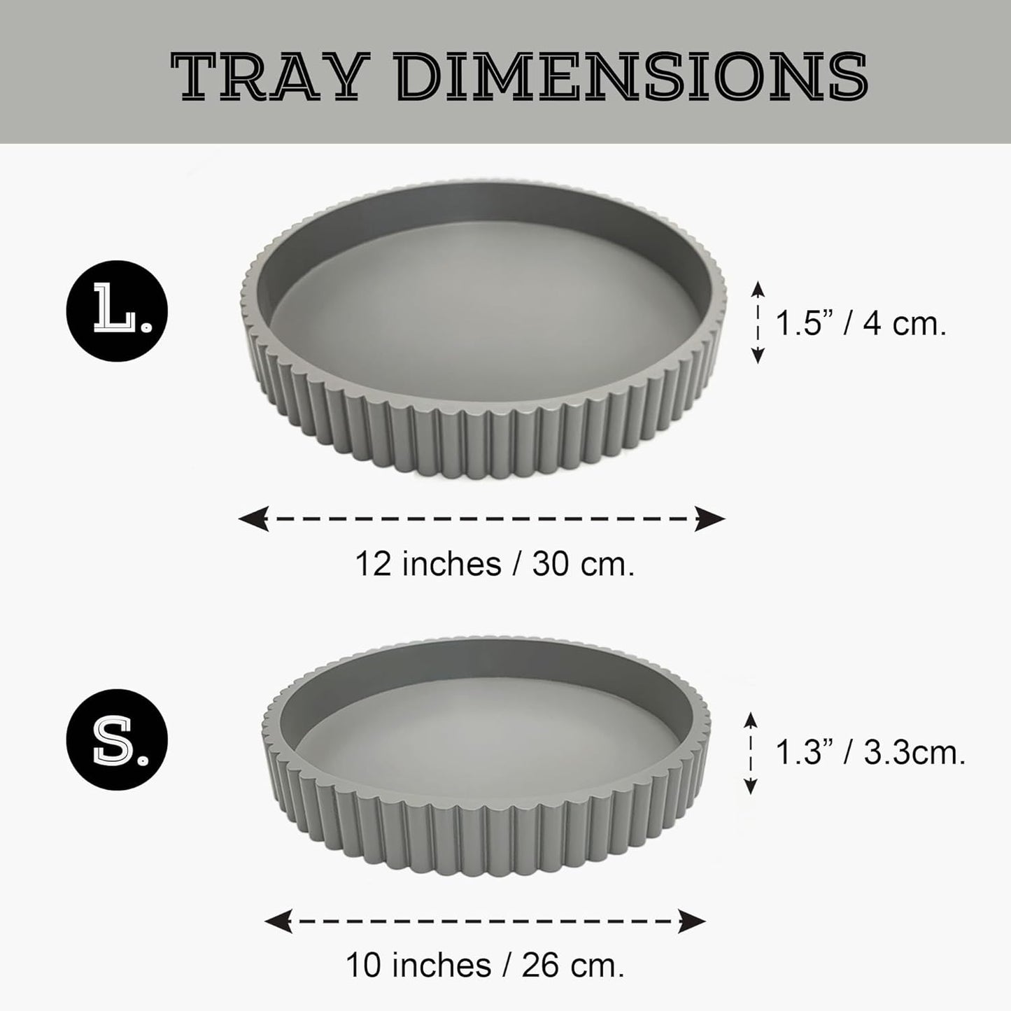 Modern Table Round Decorative Trays 2pcs Home Decor - Circle Coffee Table Centerpiece Set 12"/10" - Wooden Cool Grey Ottoman Tray with Fluted Edge