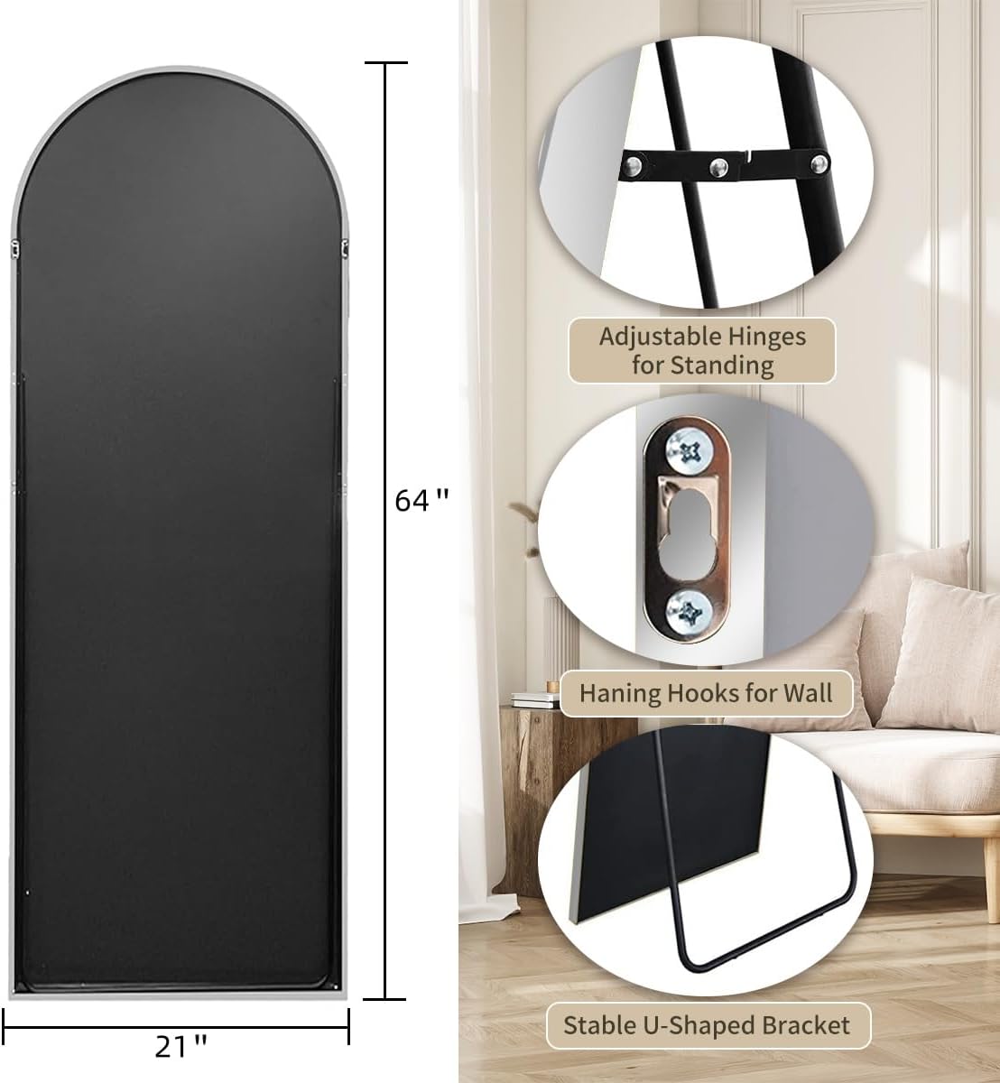 Dewfig Arched Full Length Mirror, 76"x34" Large Floor Mirror, Full Body Mirrors for Leaning or Hanging, Standing Mirrors for Bedroom, Living Room,Dressing Room, Aluminum Alloy Frame, Black
