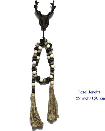 CVHOMEDECO. Wood Beads Garland with Tassels Farmhouse Rustic Wooden Prayer Bead String Wall Hanging Accent for Home Festival Decor. Mix Distressed