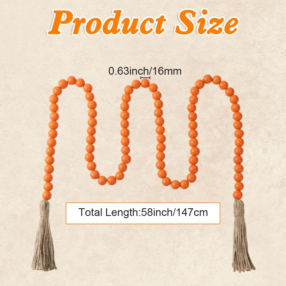 Wood Bead Garland 58 Inch Nature Wooden Beads for Boho Farmhouse Table Home Decor with Tassel, Wooden Prayer Bead, Rustic Country Boho Wall Hanging Decor for Kitchen Modern Living Room Tray Vase Shelf