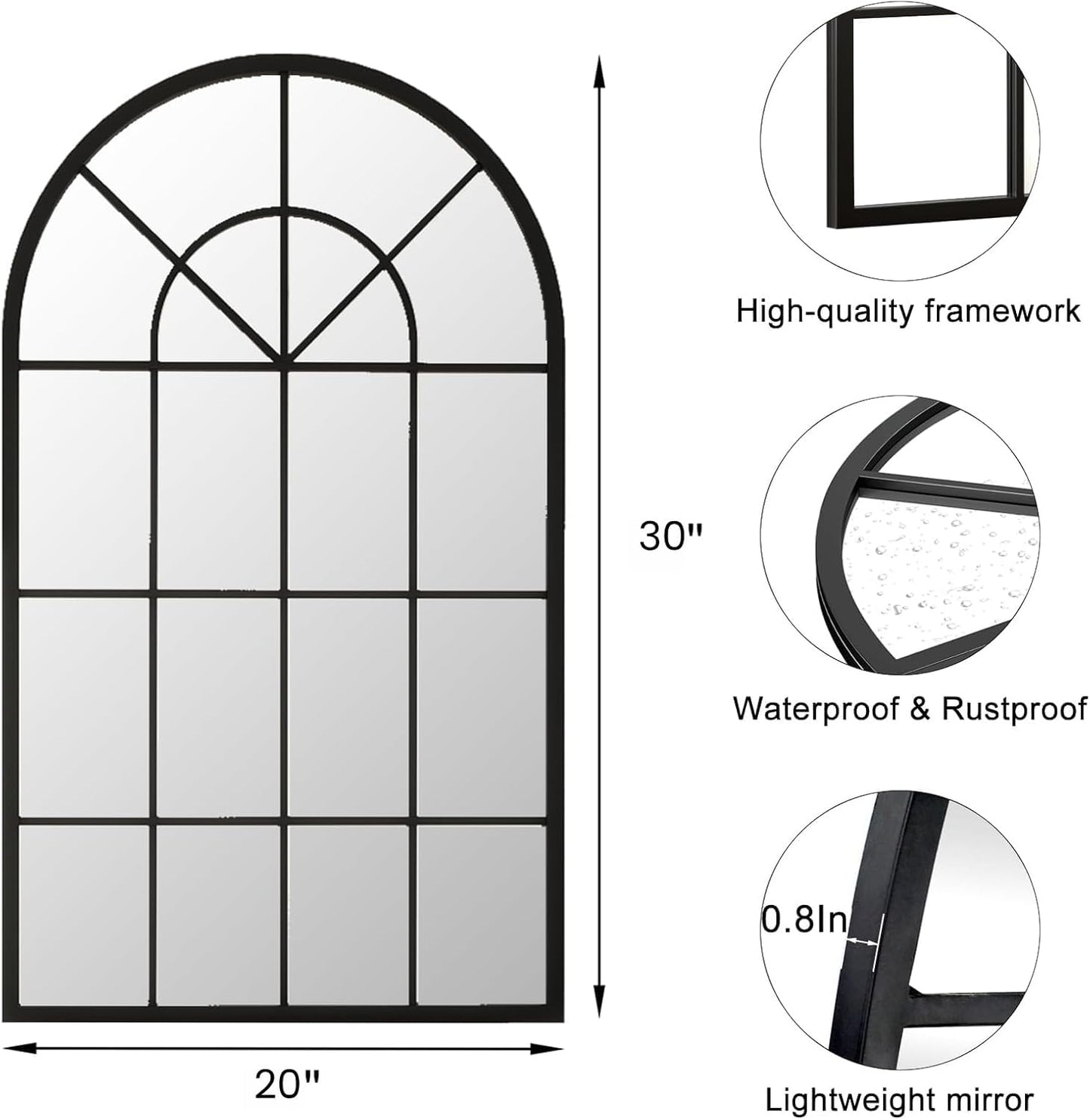 Dewfig 65"x 22" Arched Window pane Full Length Mirror, Wall Mirror, Floor Standing Mirrors, Farmhouse Long Full Body Mirrors Wall Mounted for Living Room, Bedroom, Entryway, Fireplace, Black