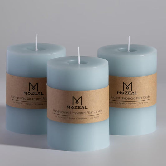 MOZEAL 3" x 4" Hand-Poured Unscented Candle,Dripless Pillar Candle Set of 3,Long Clean Burning,Approx 72 Hours Burn Time,Rustic Country Style,Wedding,Dinner,Christmas and Home Decor,White