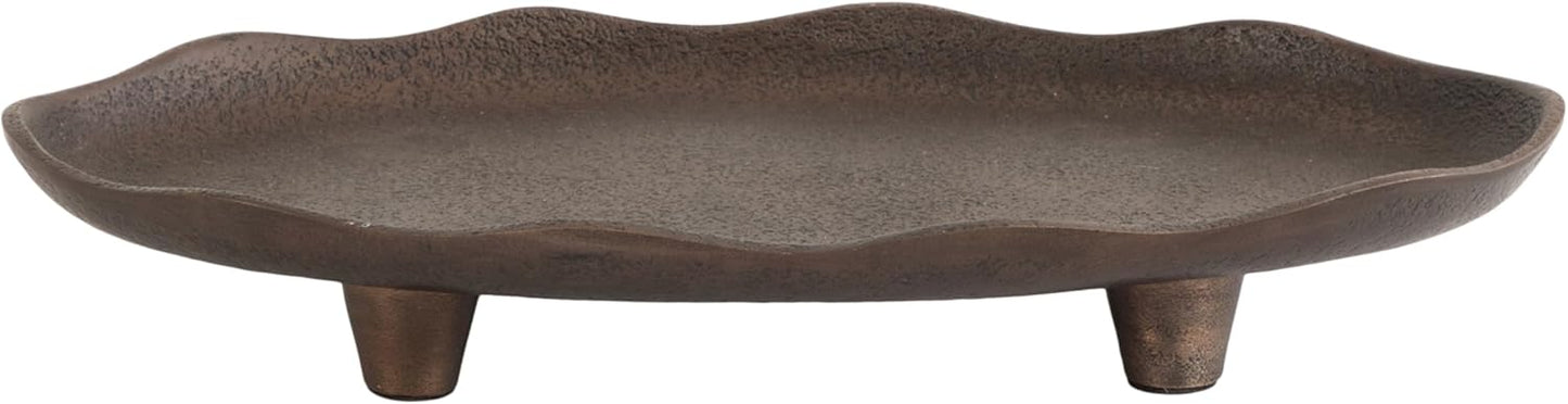 Kate and Laurel Alessia Modern Decorative Scalloped Oval Footed Metal Tray; 14 x 8; Bronze; Transitional Food-Safe Cast Aluminum Pedestal Tray with Rough Texture and Deckled Edge