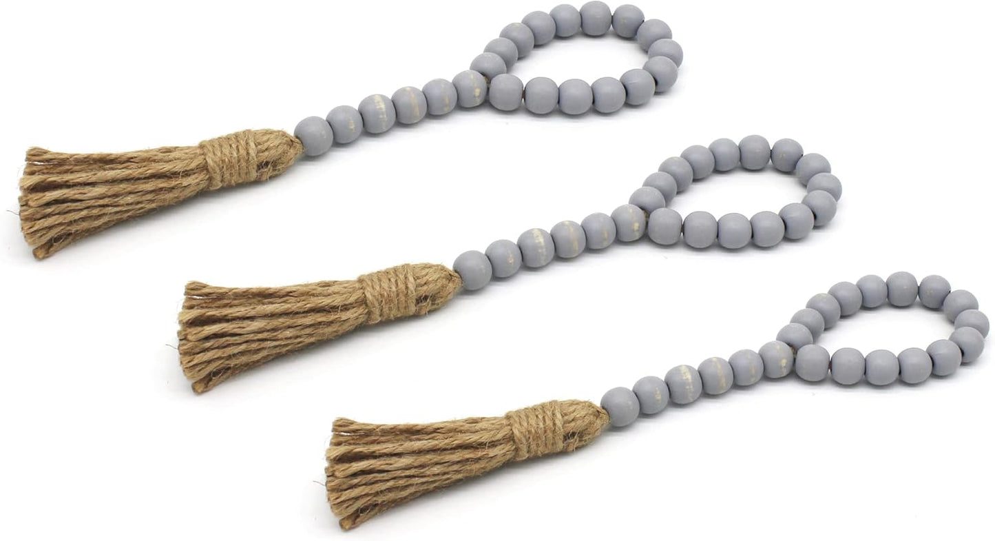 CVHOMEDECO. Wood Beads Garland with Tassels 3 PCS Farmhouse Rustic Wooden Prayer Bead String Wall Hanging Accent for Home Festival Decor. Natural