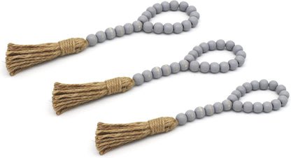 CVHOMEDECO. Wood Beads Garland with Tassels 3 PCS Farmhouse Rustic Wooden Prayer Bead String Wall Hanging Accent for Home Festival Decor. Natural