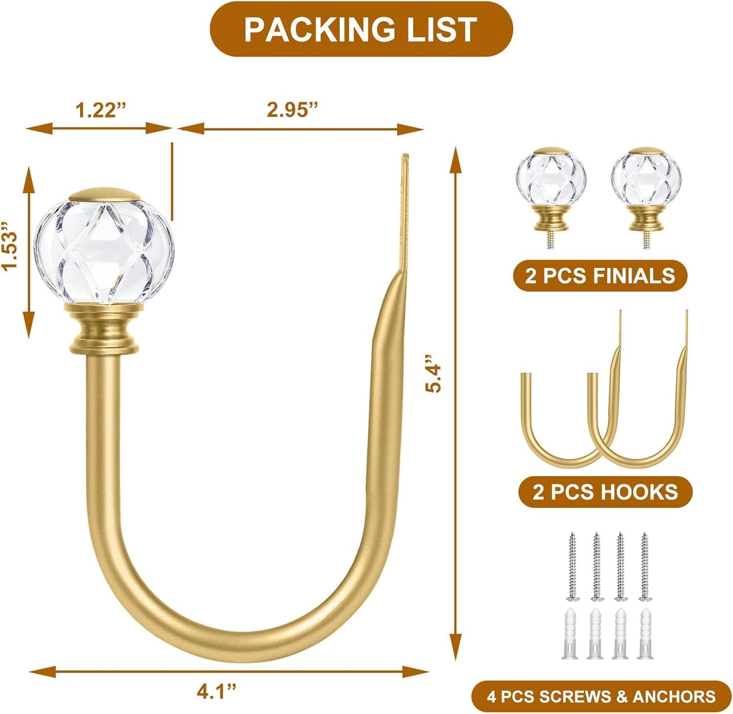 KAMANINA Curtain Holdbacks 2pcs, Gold Curtain Tiebacks, Window Curtains Hooks for Wall, Decorative Holders for Drapes with Crystal Finials(5.4" L × 4.1" W)