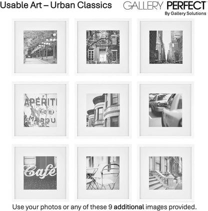 Gallery Perfect 12x12 Picture Frames, 9 Piece Set with Real Glass Cover for 8x8 Photos With Mat, Picture Frames Collage Wall Decor for Gallery Wall, Home Decor, Black