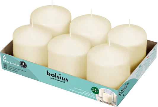 BOLSIUS 6 Ivory Pillar Candles Bulk - 3x4 Inches Candle Set - 40+ Hours Clean Burning - No Palm Oil - 0% Animal Fat - Premium European Quality - Unscented Dripless Restaurant Pillars