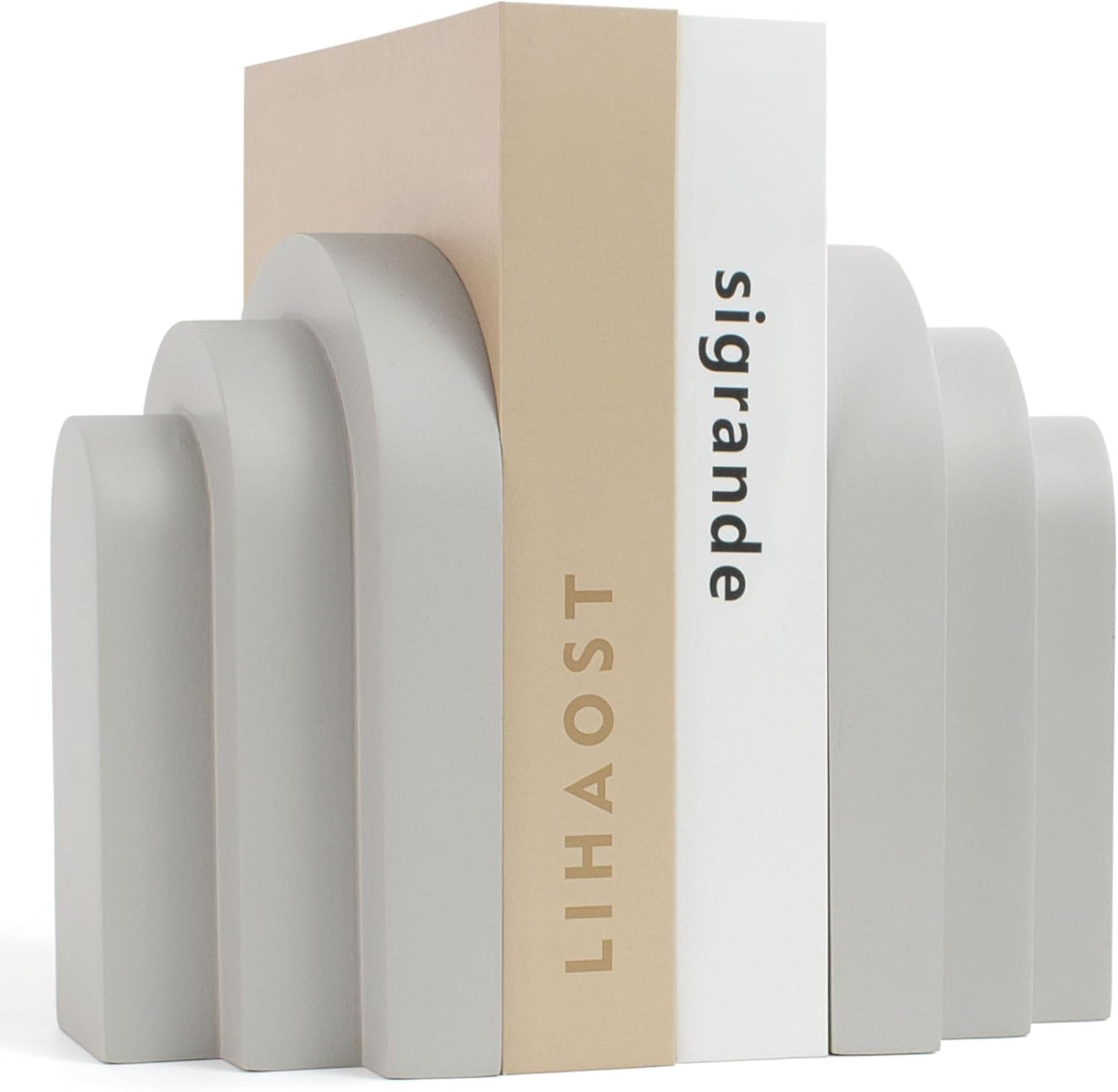 LIN CHUAN Heavy Duty Bookends for Shelves, 6.6 LBS Heavy Book Ends for Heavy Books, Decorative Modern Bookends with Faux Sandstone Look, Layered Arch Book Stopper for Bookshelf Holder Set of 2, Beige