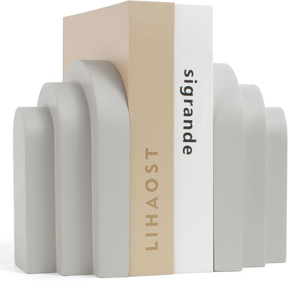 LIN CHUAN Heavy Duty Bookends for Shelves, 6.6 LBS Heavy Book Ends for Heavy Books, Decorative Modern Bookends with Faux Sandstone Look, Layered Arch Book Stopper for Bookshelf Holder Set of 2, Beige
