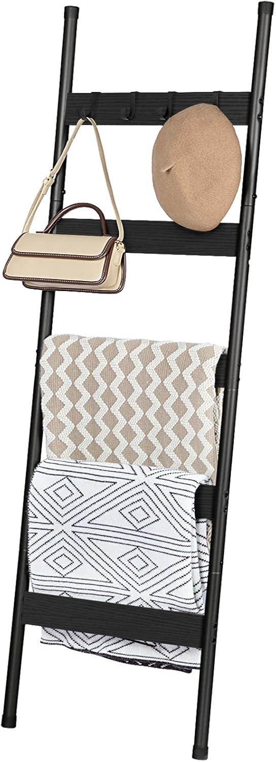 HOOBRO Blanket Ladder, 5-Tier Towel Rack with Hooks, Wall-Leaning Blanket Rack, Decorative Display Ladder Shelf, for Scarves, Industrial, Living Room, Bedroom, Rustic Brown and Black BF52CJ01