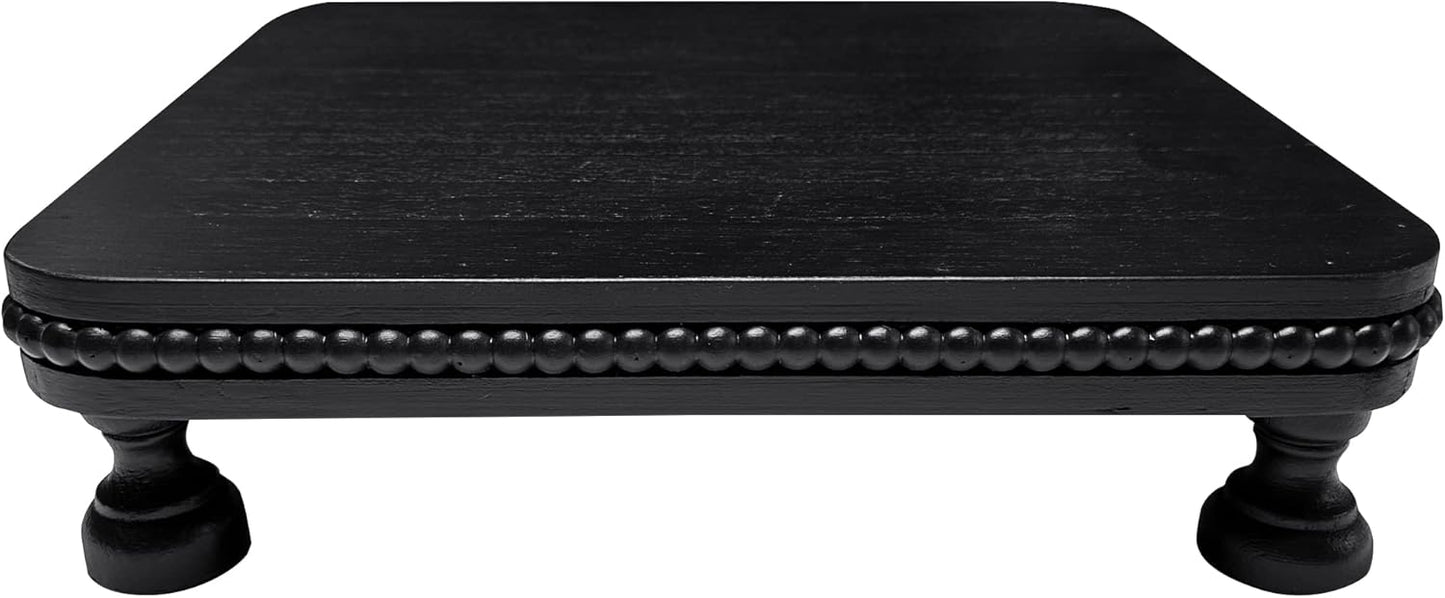 dwellington Farmhouse Display Wood Riser, 12" Decorative Black Beaded Pedestal Stand, Square Tiered Tray Decor for Kitcher Decor, Countertop