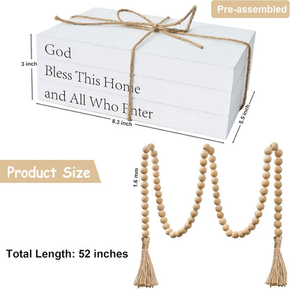 Decorative Books for Home Decor, White Faux Books for Decoration, Rustic Farmhouse Stacked Display Books with 52in Wood Bead Garland for Coffee Tables Living Room (TAKE TIME to DO)