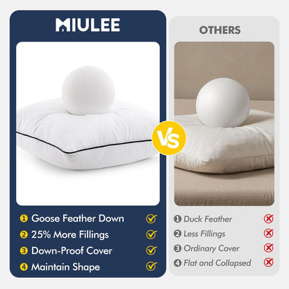 MIULEE Goose Feather Down 20x20 Pillow Insert Set of 2 with 100% Down-Proof Cotton Cover, Soft Fluffy Decorative Pillow for Sofa Bed Couch Living Room White