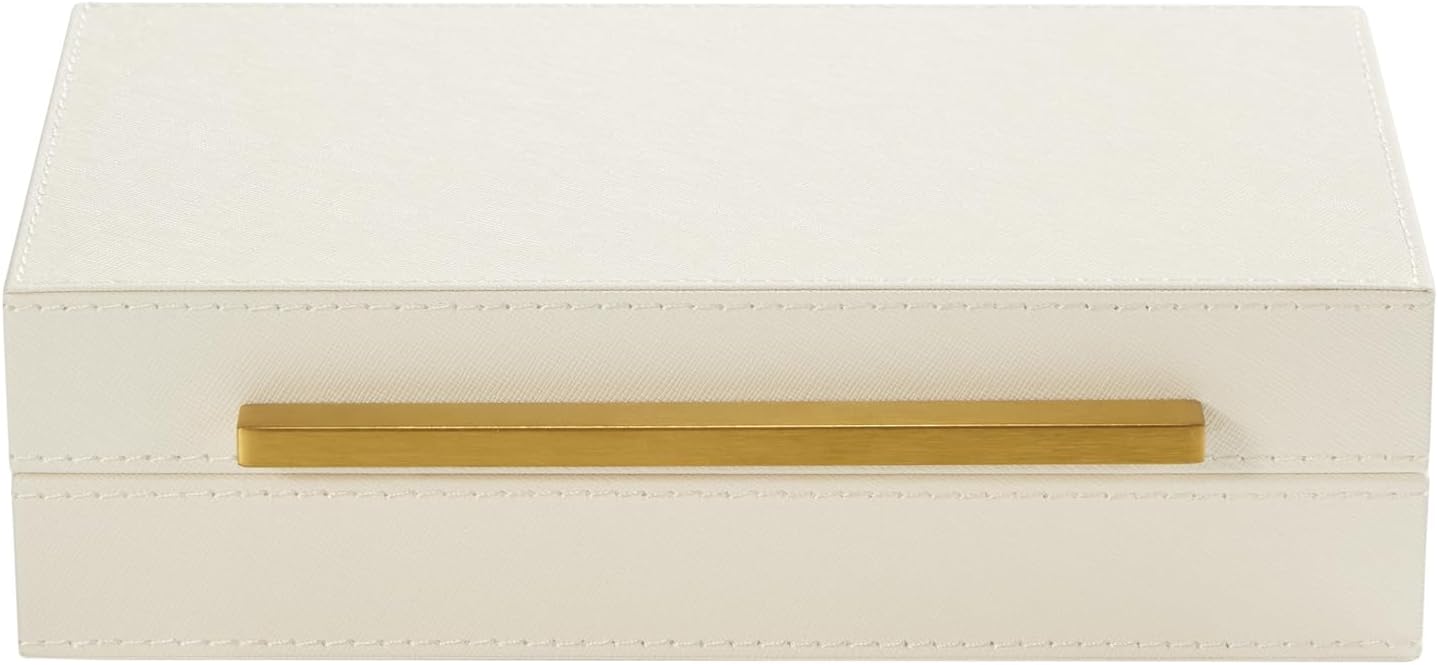 Sagala Set of 2 Ivory Shagreen Decorative Boxes With Brushed Gold Metal Handles, Faux Leather Jewelry Boxes Modern Storages Photo Memory Boxes Home Organizer Boxes (Ivory-Gold, 2pack)