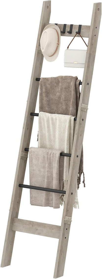 Hzuaneri Blanket Ladder for Living Room, Decorative Quilt Rack with 4 Removable Hooks, 5-Tier Farmhouse Ladder Holder Shelf Organizer for Bedroom, Rustic Brown and Black 02101BBR