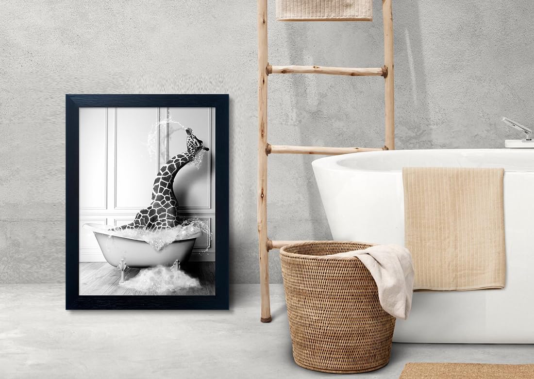 Bathroom Picture Wall Decor, Framed Black and White Bathroom Wall Art, Toilet Paper in Little Funny Raccoon's Hand Animal Canvas Print Painting