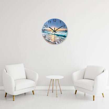 Beach Wall Clock Battery Operated 12 Inch Glass Wall Clock Non Ticking Analog Blue Wall Clocks for Bedroom Living Room Office Decor