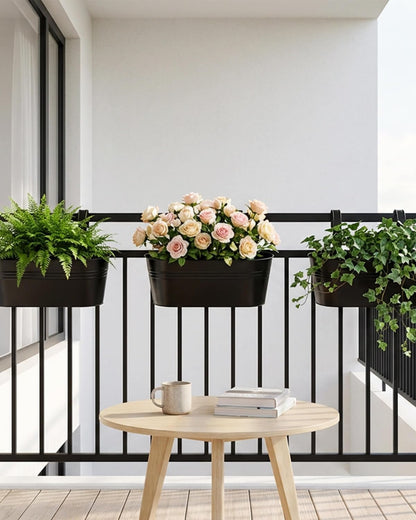 vensovo 16 Inch Railing Planter for Outdoor Plants - 3 Pack Large Metal Balcony Hanging Planters with Detachable Hooks and Drain Holes Oval Box Rail Pots for Home Garden Fence, Black