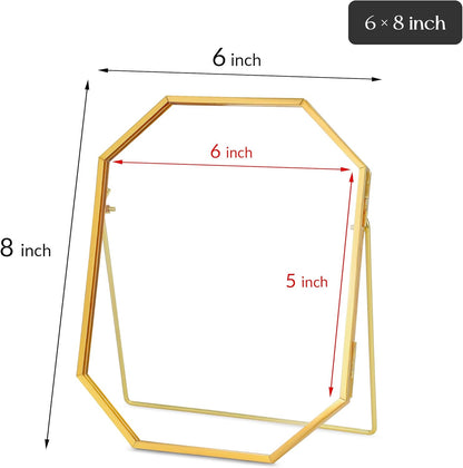 REDHUGO Glass Pressed Flower Frame Handmade, Metal Floating Picture Frame, Double Glass for Tabletop Display, Unique Brass Octagon, Gold, 5x7 Inches (Frame Only)