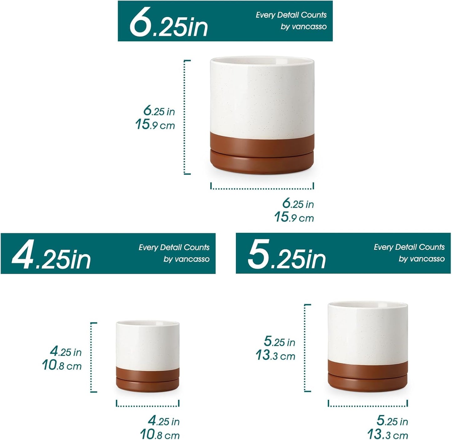 vancasso Ceramic Plant Pots, 3 Piece Planters for Indoor Plants, 4.25+5.25+6.25 Inch Flower Pots with Drainage, Plant Pots Indoor for Succulent, Pothos, Snake Plant and Money Tree, Etc (White)