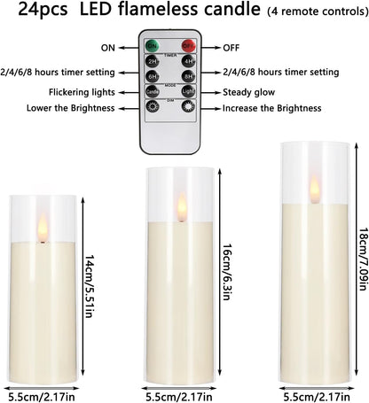 YOROXRG Set of 24 Waterproof Outdoor Flameless Candles, LED Candles with 4 Remote and Timer,(H 4" 5" 6" x D 2.2"),for Halloween Wedding Festiv