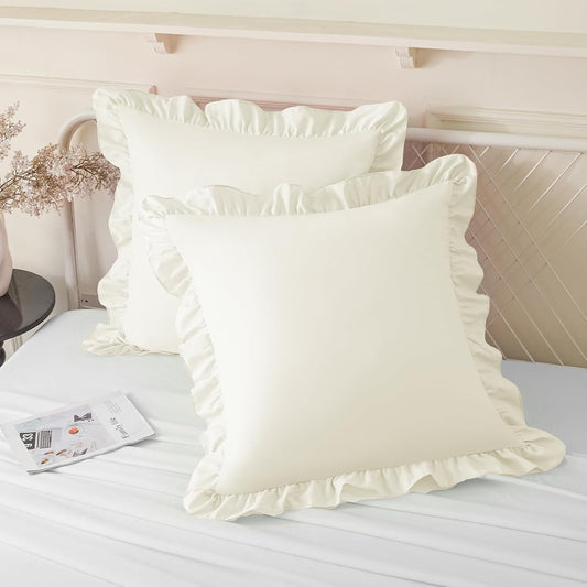 KKJIAF Ruffle Pillow Cases 26x26 Inches, White Square Ruffled Pillow Covers Set of 2, Microfiber Wrinkle Resistant Pillow Shams with Envelope Closure for Sofa Bed Living Room