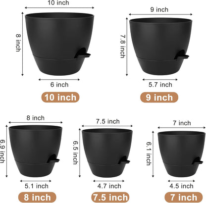 QRRICA Plant Pots 10/9/8/7.5/7 Inch Self Watering Pots, Set of 5 Plastic Planters with Drainage Holes and Saucers,Plastic Flower Pots,Nursery Planting Pot for Indoor Out Door Plants（Green）
