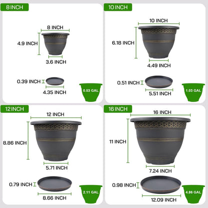 Usocik 10 Inch 4 Pack Plant Pots, Plastic Flower Pot for Indoor & Outdoor with Drainage Holes & Saucer, Plaid Pattern Planters Garden Pots for Herbs