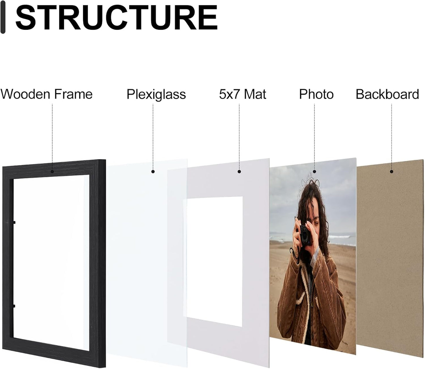 Vittanly 8x10 Picture Frames Set of 9, Shatter Resistant Plexiglass, Display 5x7 Pictures with Mat or 8x10 without Mat, Photo Frames for Wall or Tabletop, Engineered Wood, Black - Colors A