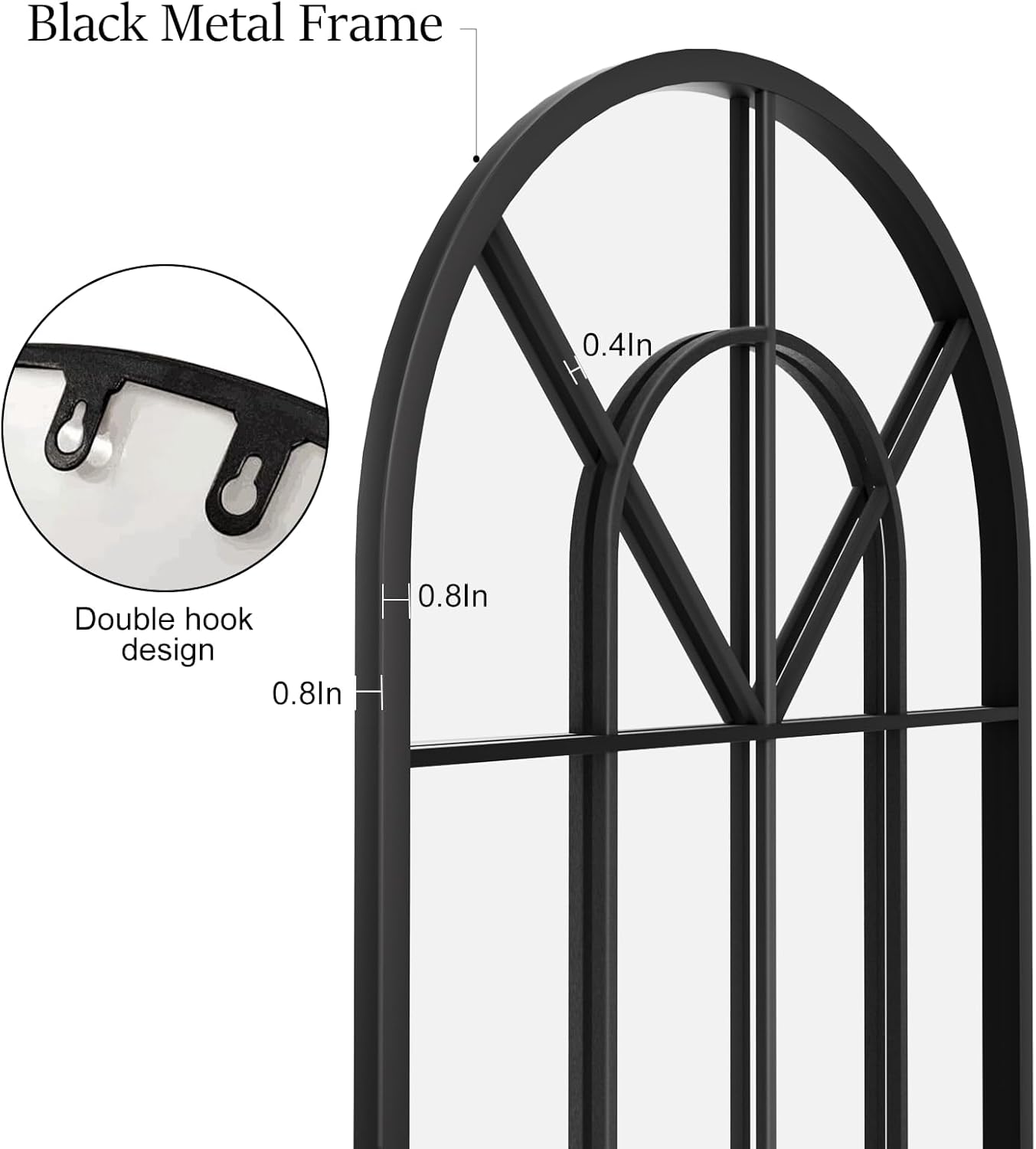 Dewfig 65"x 22" Arched Window pane Full Length Mirror, Wall Mirror, Floor Standing Mirrors, Farmhouse Long Full Body Mirrors Wall Mounted for Living Room, Bedroom, Entryway, Fireplace, Black
