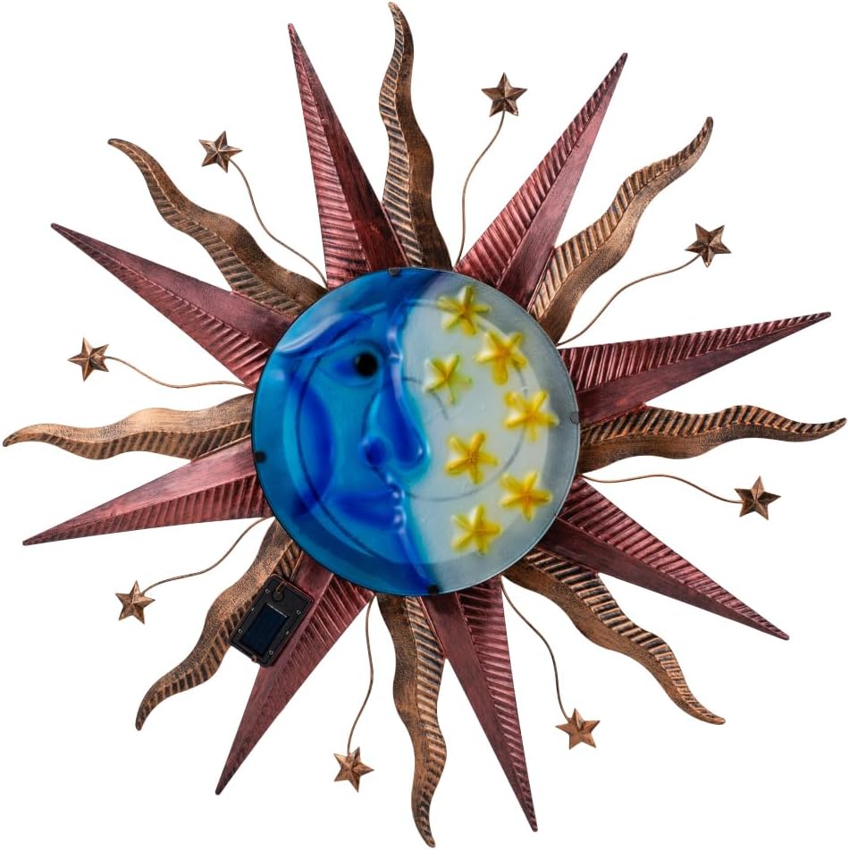 Large Metal Sun Wall Decor Outdoor, 27 Inch Sun and Moon Decor Metal Wall Art, 3D Sun Wall Decor for Patio Garden Yard Fence Bedroom Living Room Decoration
