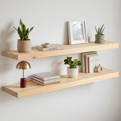 Homeforia 24 inch Natural Floating Shelf, High End Solid Real Wood 24inch Small Floating Shelves for Wall Mounted, Natural Wooden Floating Shelves, Heavy Duty Bracket, 24 X 6.5 X 1.75 in, Set of 2