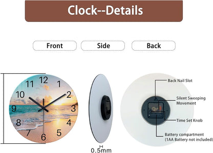 Beach Wall Clock Battery Operated 12 Inch Glass Wall Clock Non Ticking Analog Blue Wall Clocks for Bedroom Living Room Office Decor