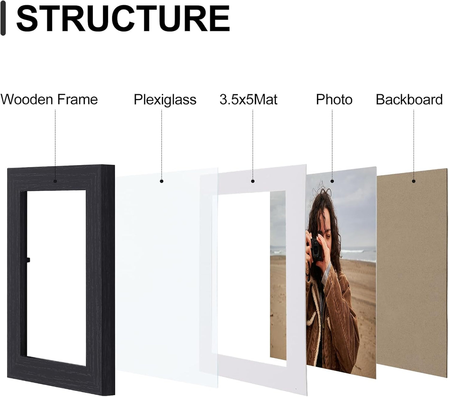 Vittanly 8x10 Picture Frames Set of 9, Shatter Resistant Plexiglass, Display 5x7 Pictures with Mat or 8x10 without Mat, Photo Frames for Wall or Tabletop, Engineered Wood, Black - Colors A