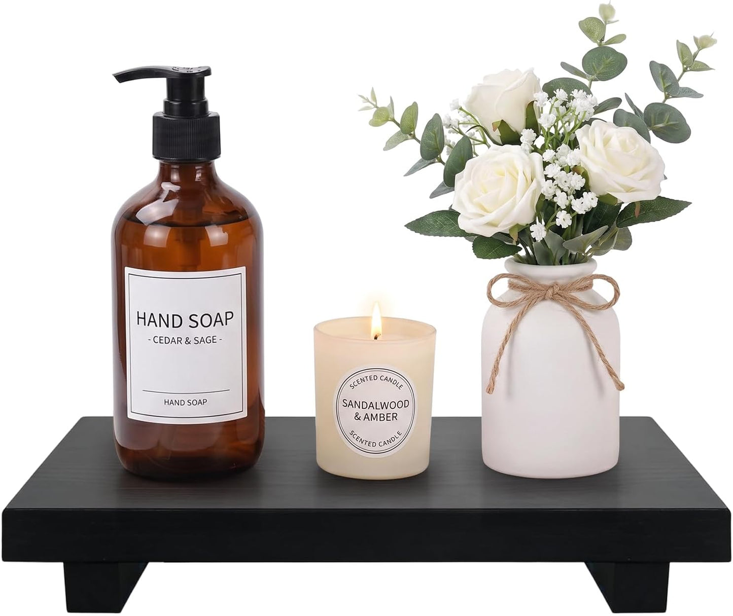 Wooden Pedestal Stand Black Bathroom Counter Organizer Tray Decor Farmhouse Wood Risers Small Hand Soap Dish Dispenser Holder for Kitchen Sink Modern Bathroom Vanity Accessories Decorative Tray
