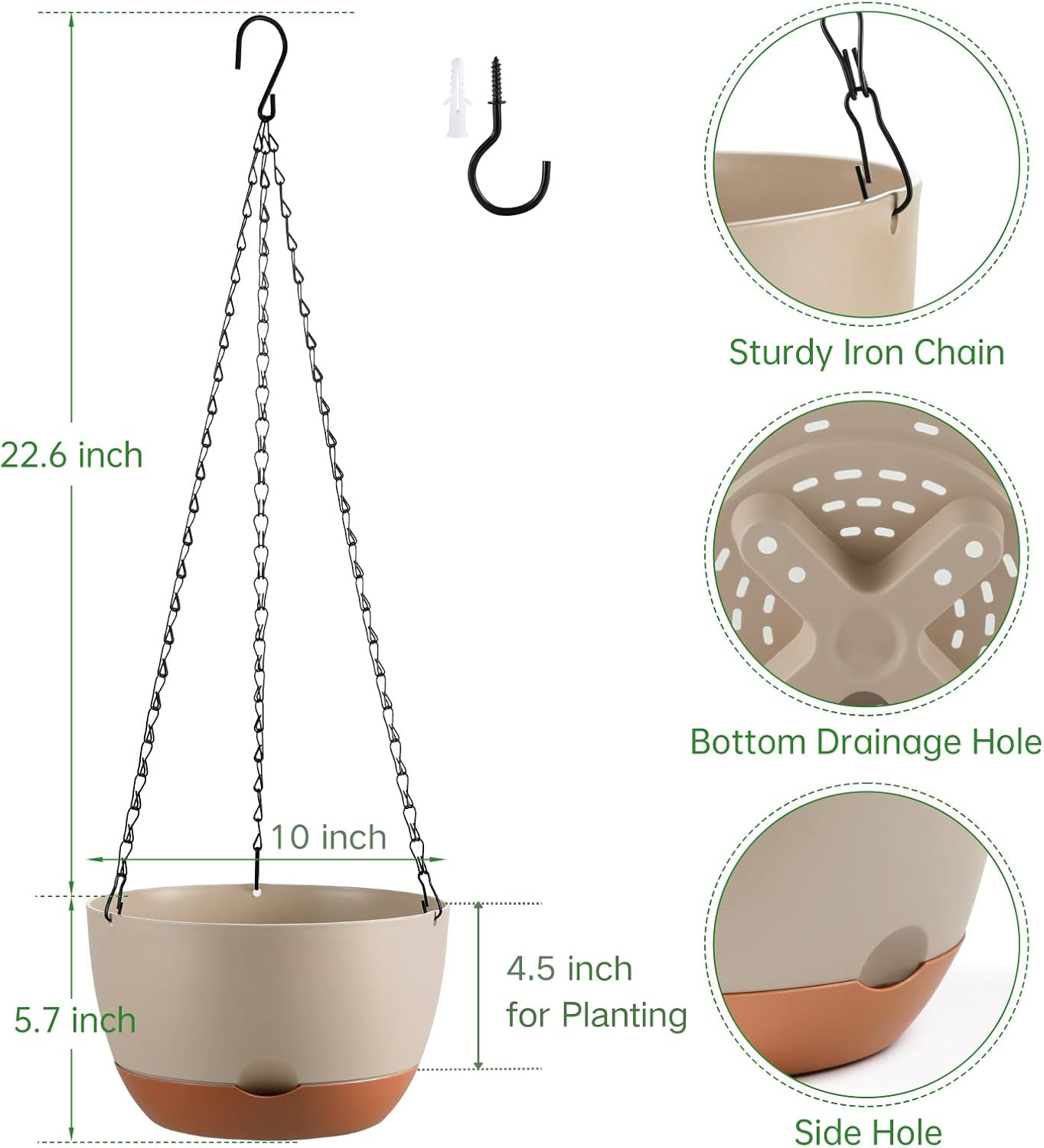 Set of 2 Hanging Planters for Indoor Outdoor Plants, 8 Inch Self-Watering Hanging Flower Pots with Drainage Hole & Removable Water-Storage Tray (Hooks)
