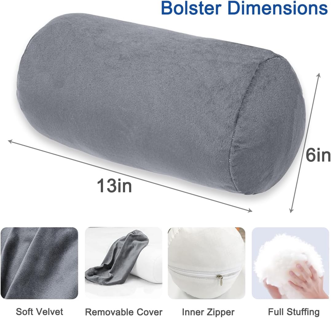 1 MIDDLE ONE Round Cylinder Bolster Pillow with Removable Velvet Cover, Tube Roll Cervical Pillow for Head, Neck, Back and Legs Support, 13" x 6", Grey